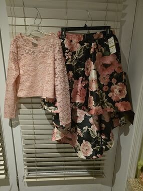 Floral High-Low Midi Skirt Set in Pink and Black. Great For Easter Pictures!